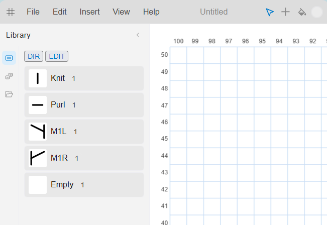 Stitch Grid screenshot: a stitch library with knit, purl, M1L and M1R symbols beside a numbered chart grid